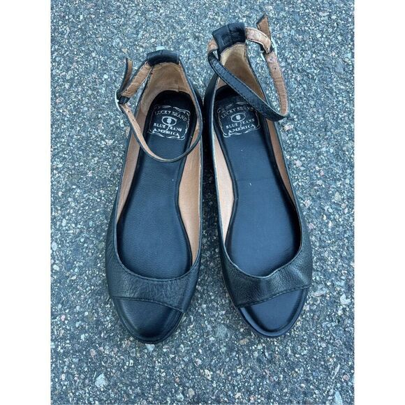 LUCKY BRAND black leather sandals flats sz 8 womens fits 7.5 8 - Picture 3 of 7